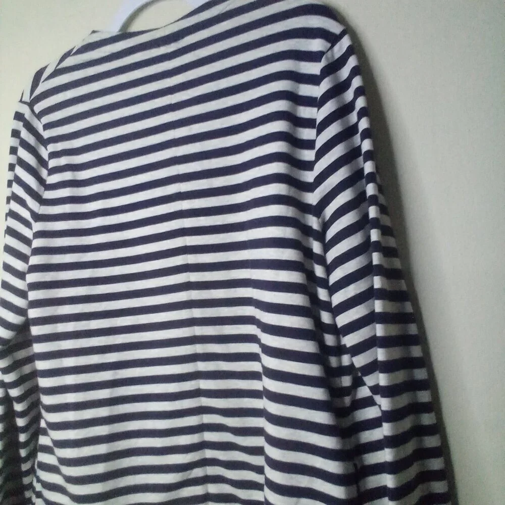 Lands' End Open Cardigan Women M 10-12 Long Sleeve Stripe Blue White